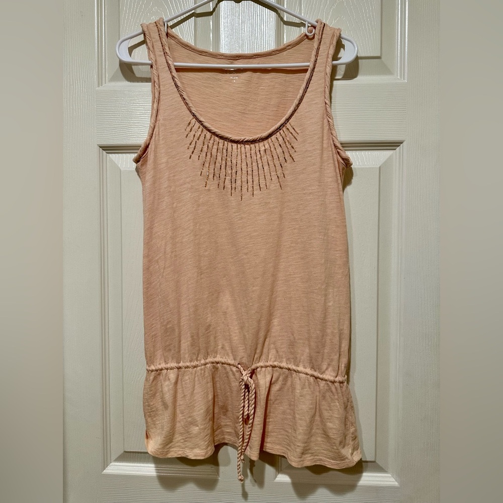 LOFT Peach Pink Sleeveless Knit Tank Top Fringe Hem Drawstring Women’s Small